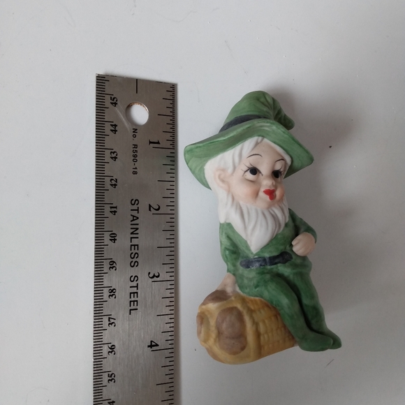 Vintage Ceramic Leprechaun Pixie Elf in Green Figurine Sitting on Barrel - Picture 7 of 9